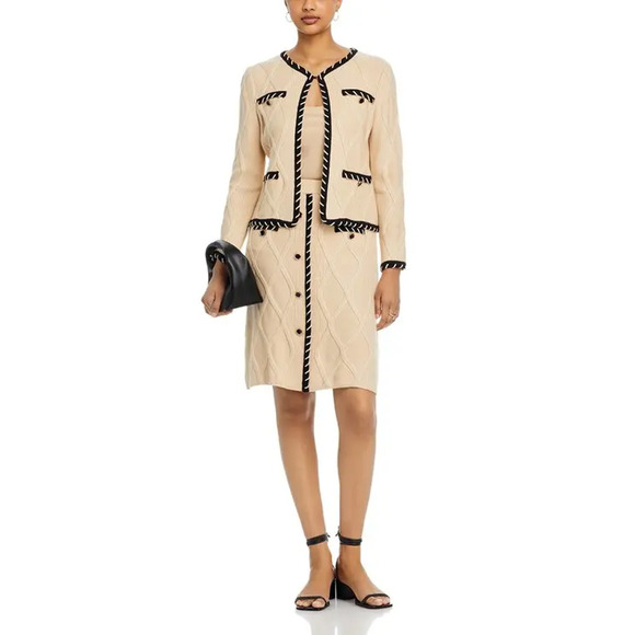 NEW Misook Contrast Trim Knit Jacket Textural Cable Knit Biscotti Black Size XL - Picture 2 of 10